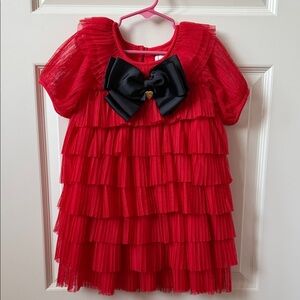 Red Tiered Tulle Dress with Black Bow - Kids